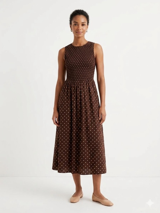 Anthropologie Dresses & Skirts - Anthropologie Medow Rhodes Brown Polka Dot Sleeveless Midi Dress
